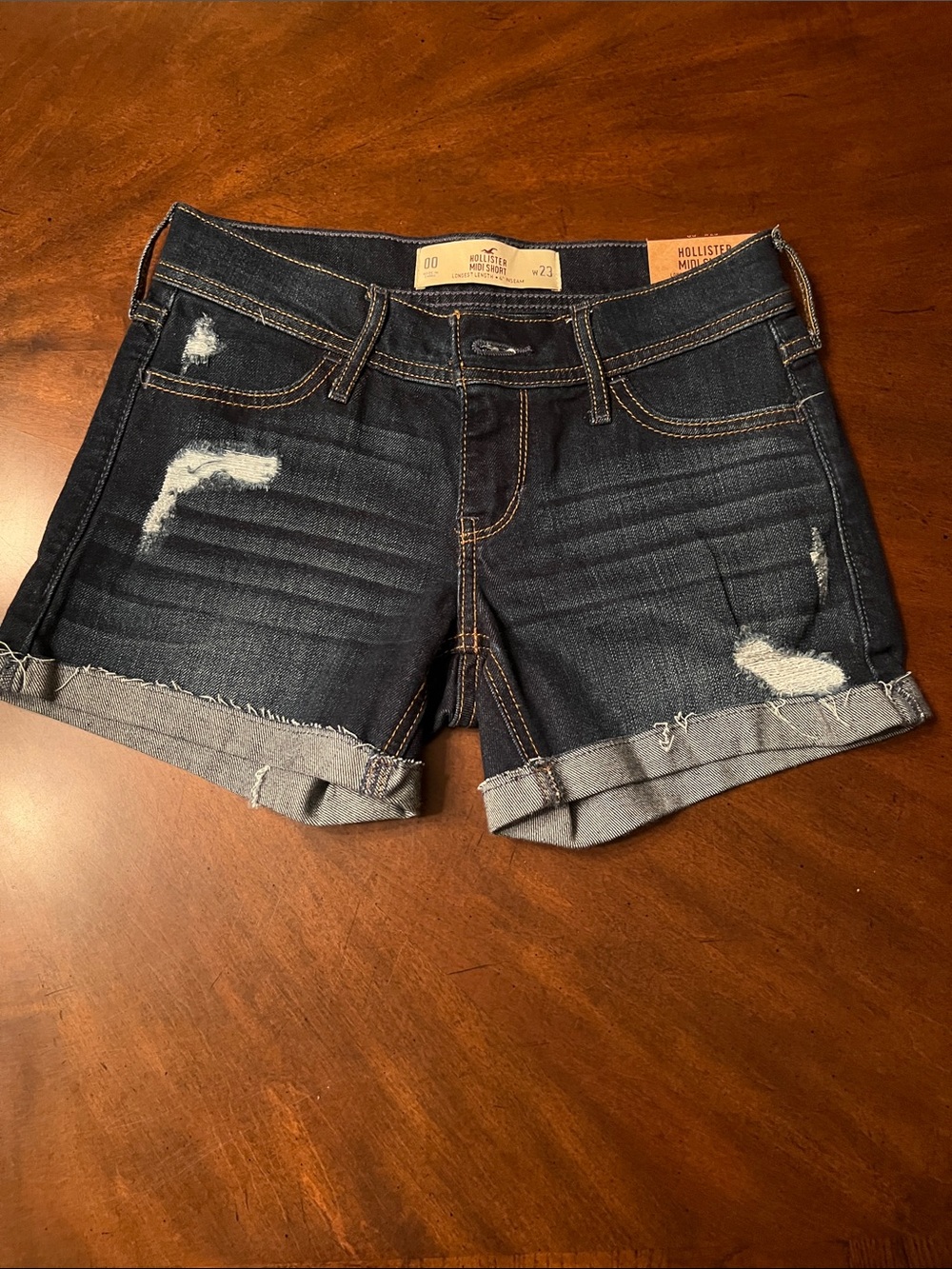Hollister Dark Indigo Distressed Cuffed Jean Shorts